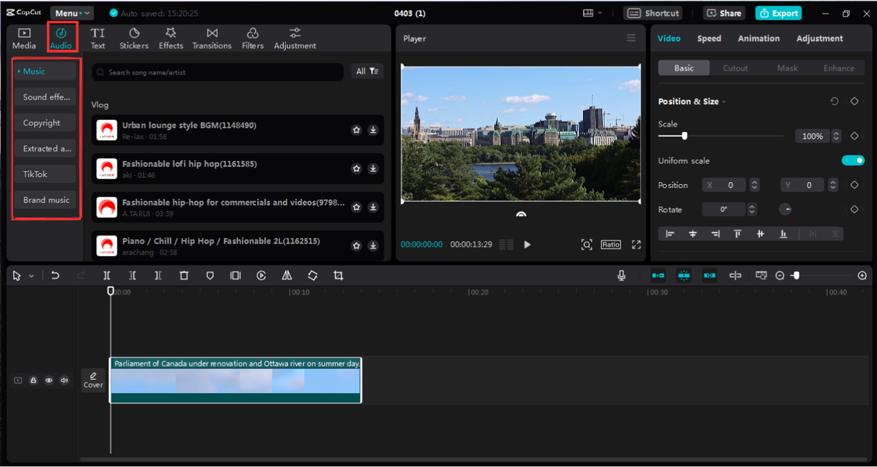 Managing brand assets via the audio menu on CapCut's desktop editor