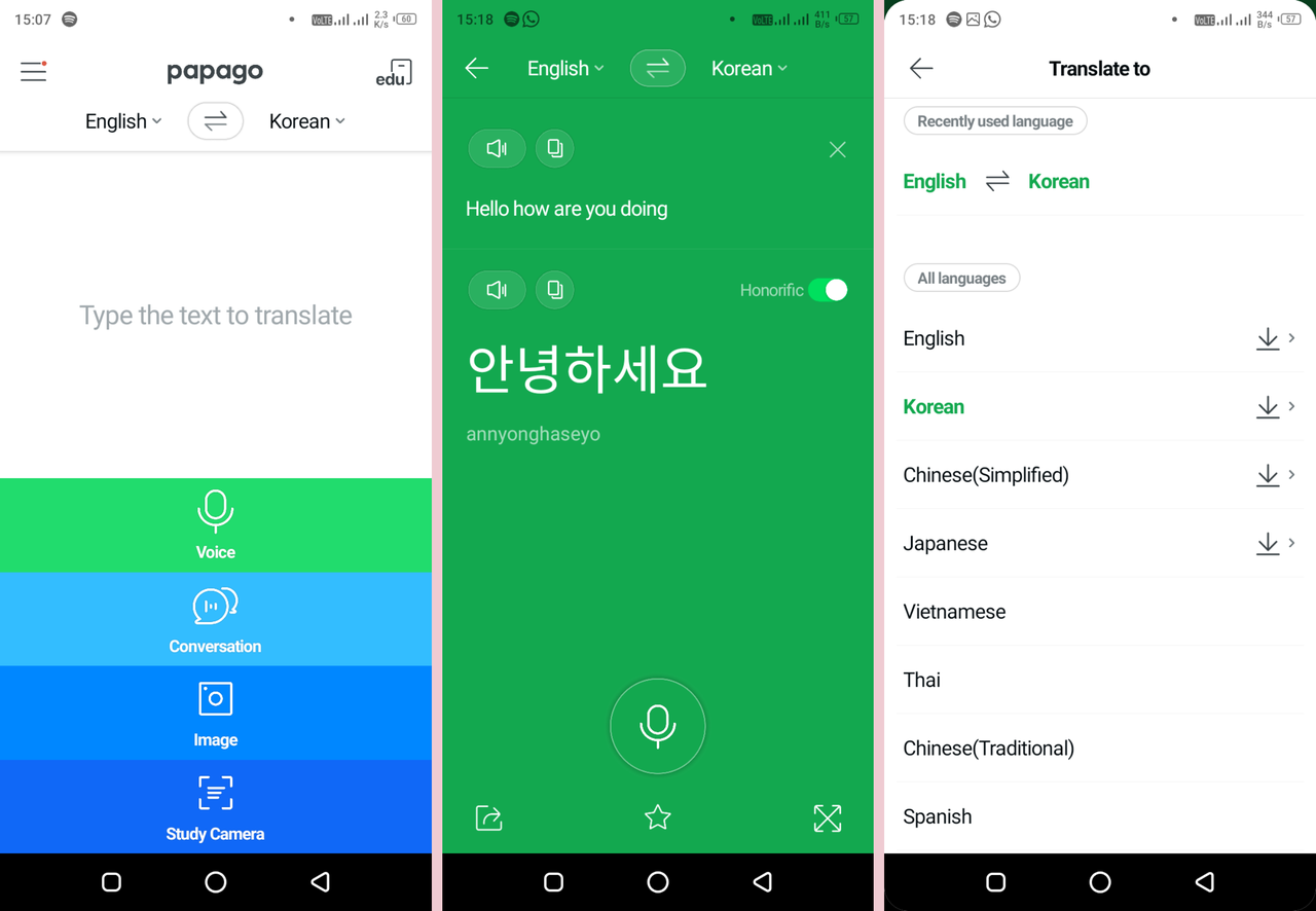 Naver Papago English-to-Korean speech translation interface