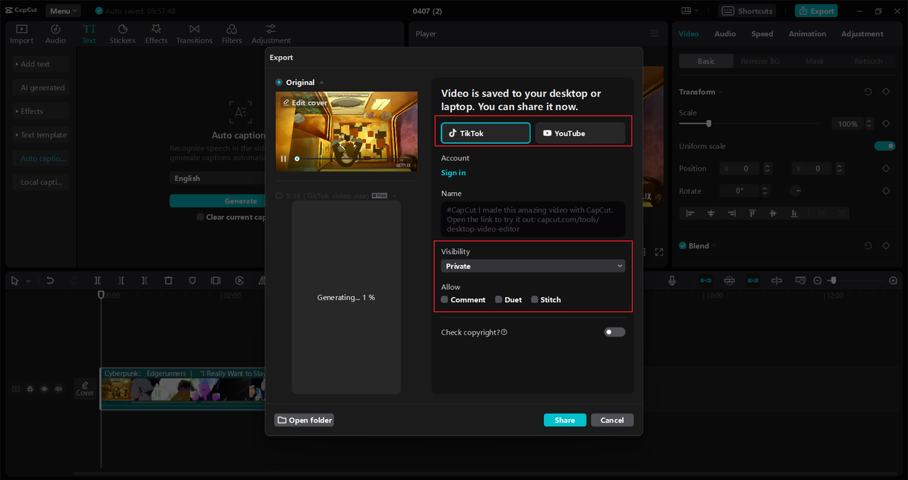 Image showing how to export from CapCut PC to TikTok and YouTube