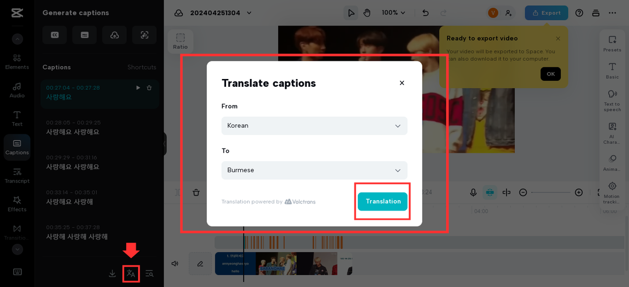 How to translate Korean to Myanmar on CapCut online video editor