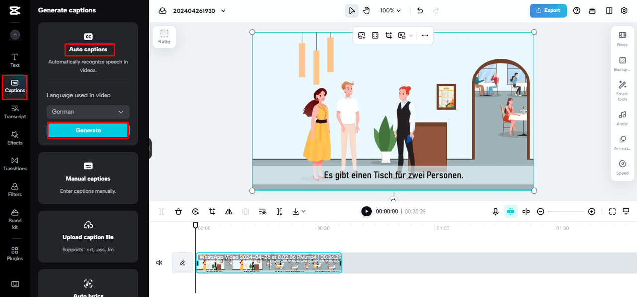 Auto-generate captions in German