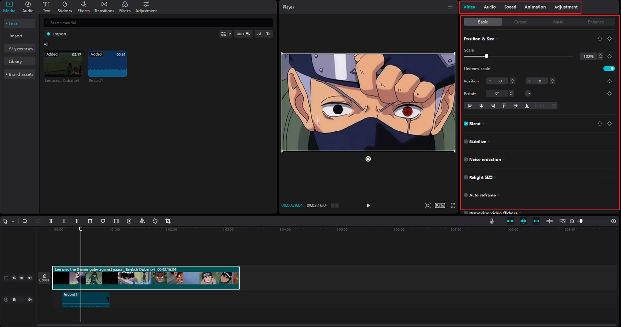 CapCut's video editing features for the best dubbed anime