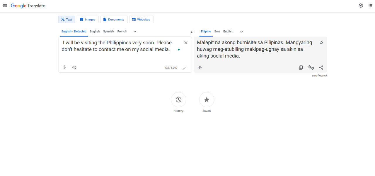 Google translate English to Filipino voice translator