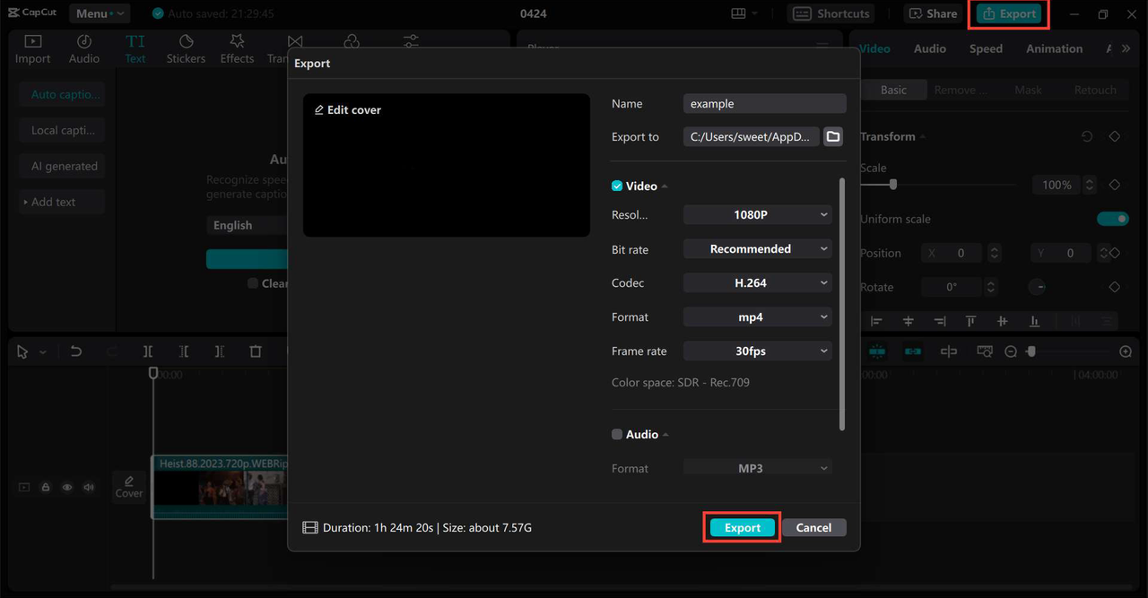 Export video after translation with CapCut PC app