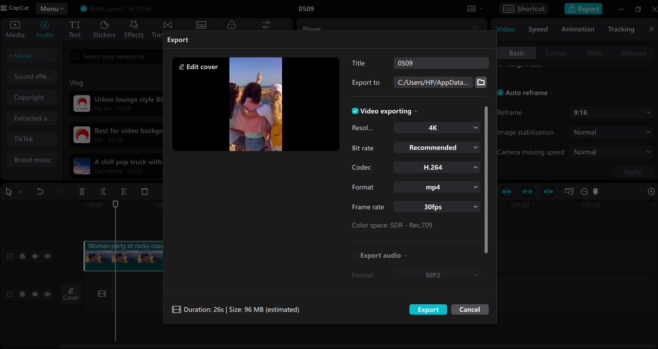 Export a video from the CapCut desktop editor and AI shorts maker