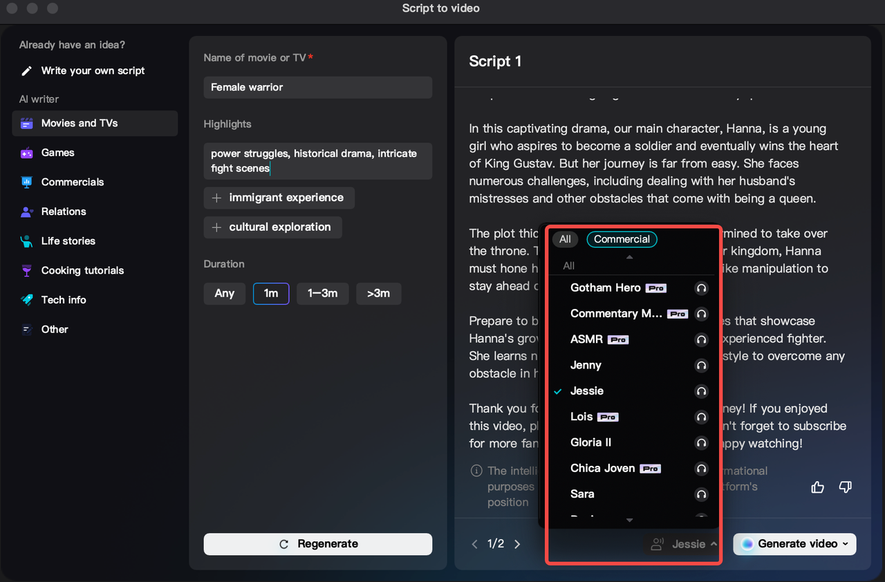 Choosing voice-overs on CapCut desktop video editor AI movie script generator