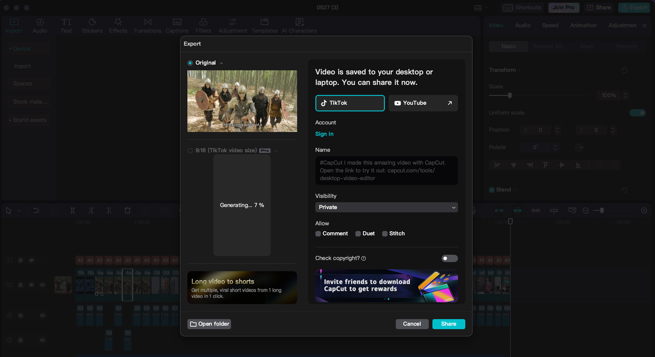 Quick-sharing a video with CapCut PC, the best AI movie script generator free