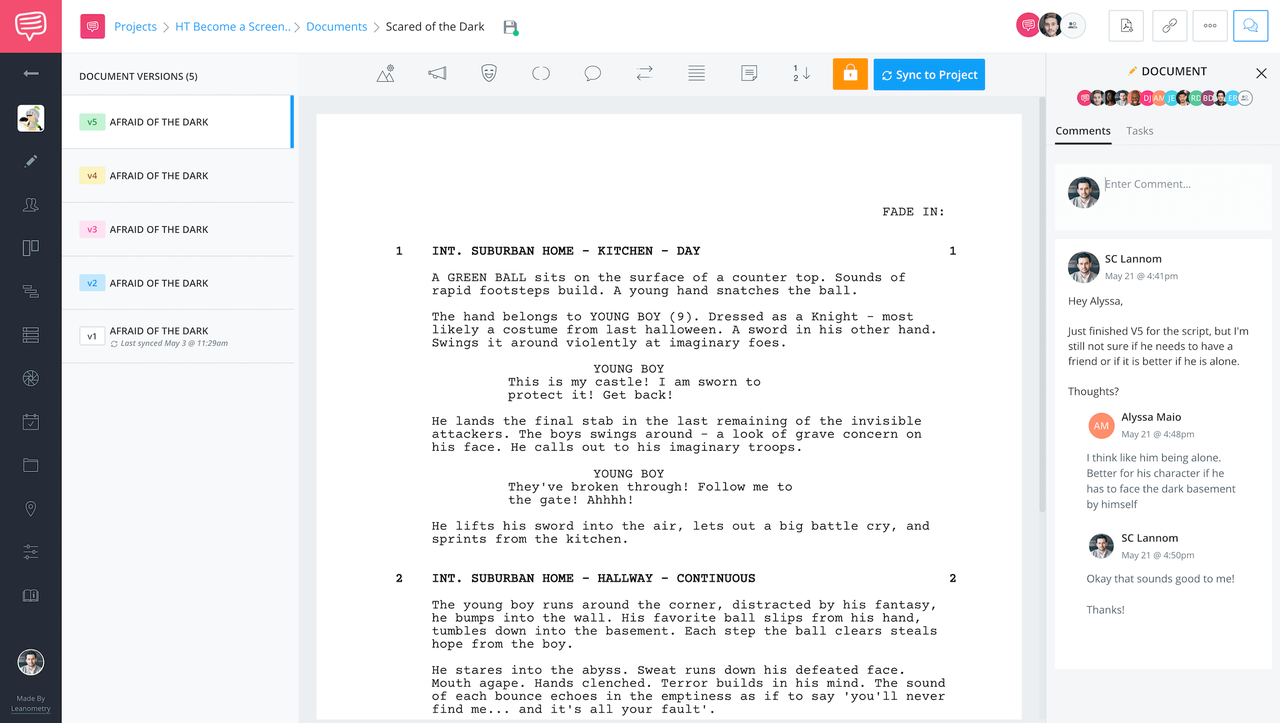 Studiobinder online script writer interface