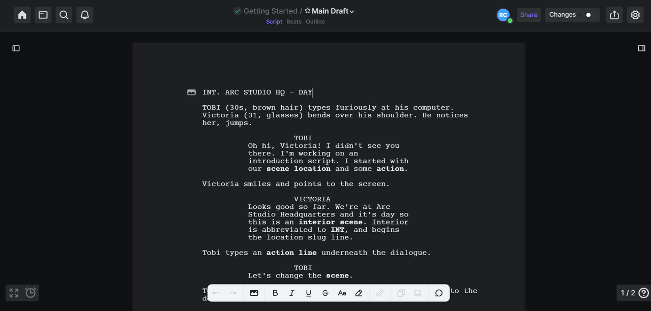 Arc Studio online script writer interface