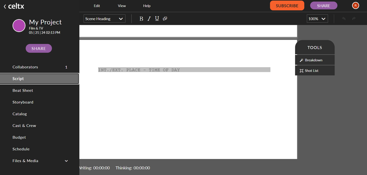 Celtx online script writer interface