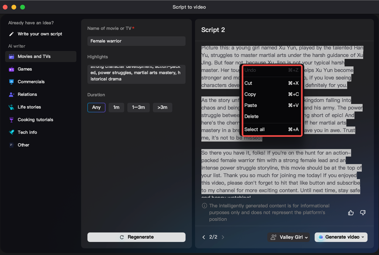 Copy and paste the film script from the CapCut desktop video editor