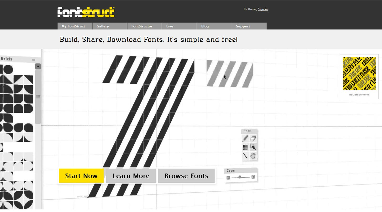 FontStruct interface displaying the grid-based font creation tool for unique fonts