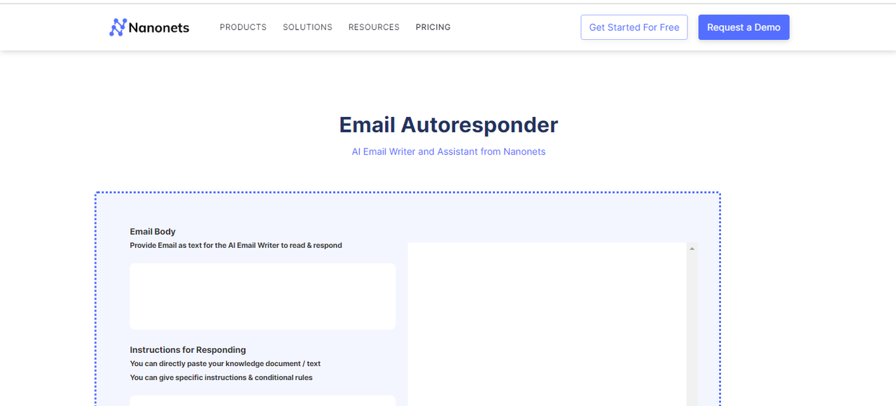 Interface of NanoNets AI Email Autoresponder for AI email responses