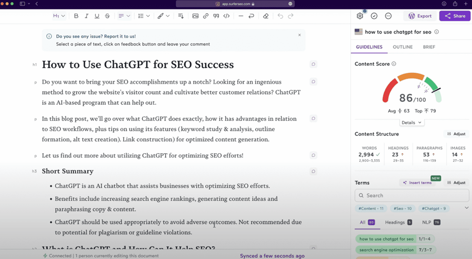 Surfer SEO content optimization interface showing content optimization options