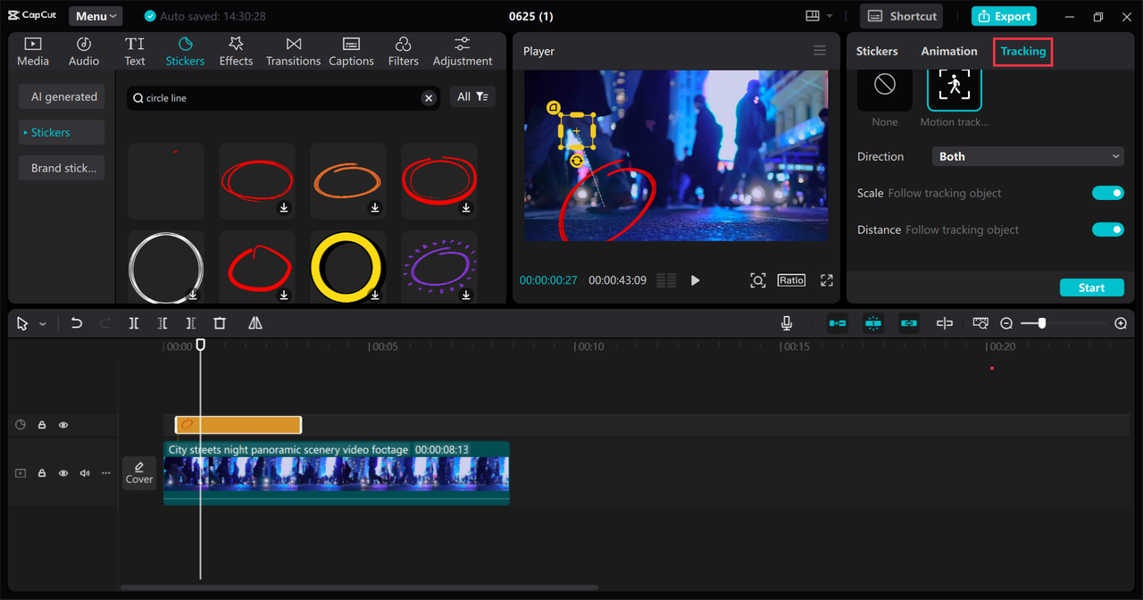 Interface of the CapCut desktop video editor showcasing motion tracking feature 