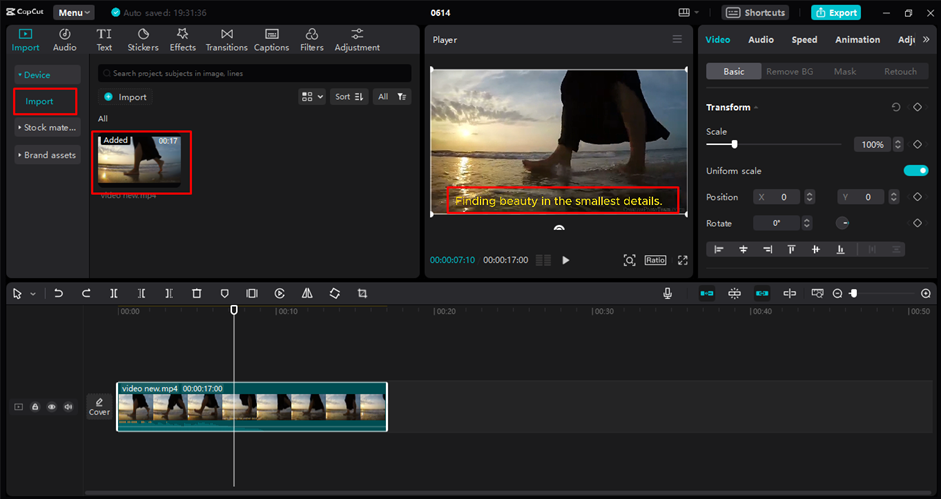 Uploading video containing subtitles in the CapCut desktop video editor 