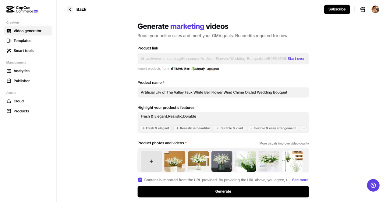 Generate product video through URL