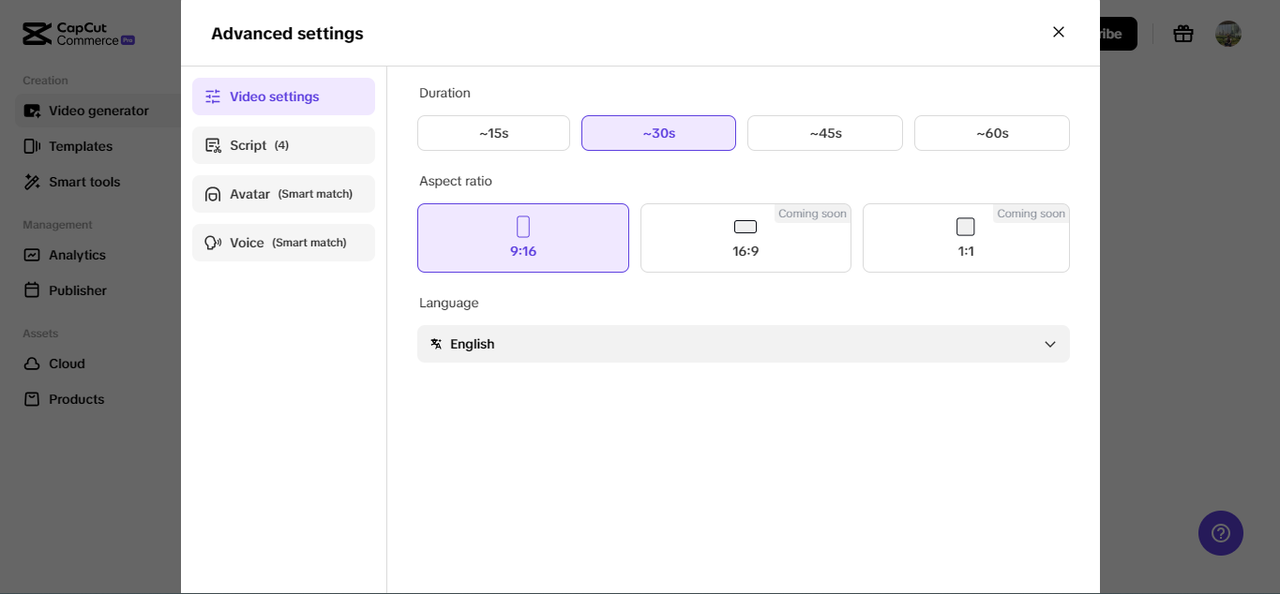 Advanced settings for AI business clips