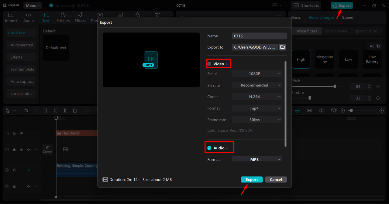 Exporting the ringtone from the CapCut desktop video editor