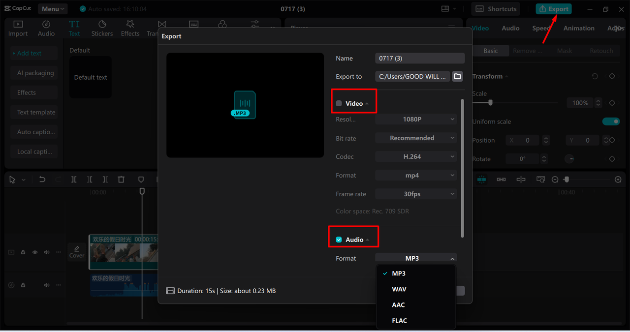 Exporting a customized TikTok extracted ringtone from the CapCut desktop video editor