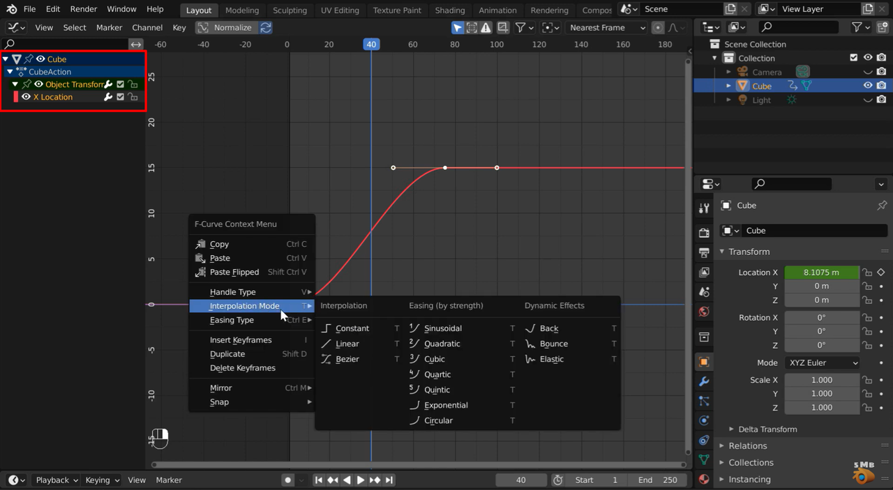 Interface showing how to modify keyframes in Blender