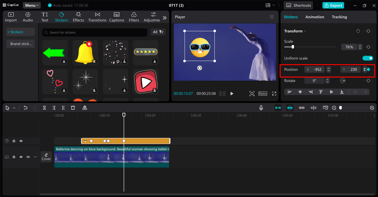 Interface showing position Keyframes in CapCut PC 