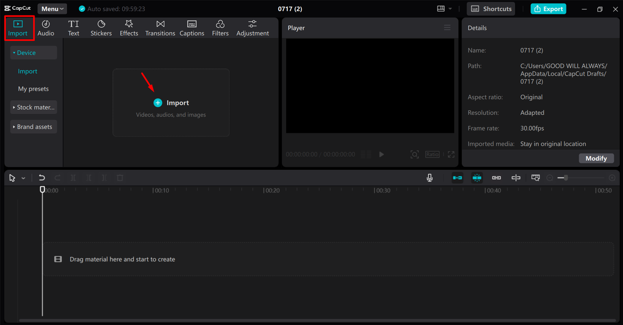 Importing the media to add keyframes in the CapCut desktop video editor