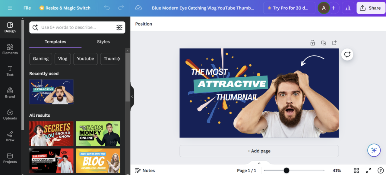 Interface of the Canva - a perfect YouTube online thumbnail maker