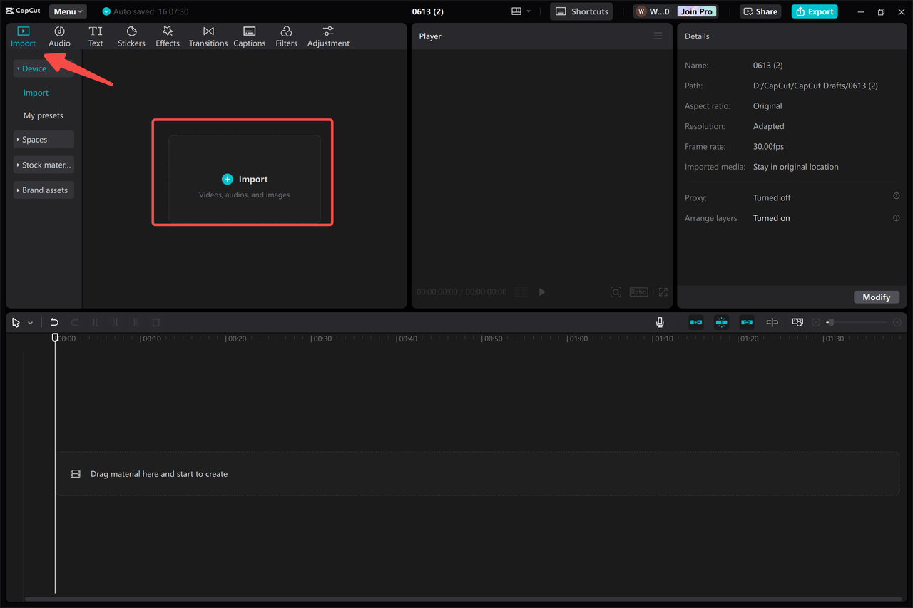 Importing documentary footage into CapCut desktop video editor