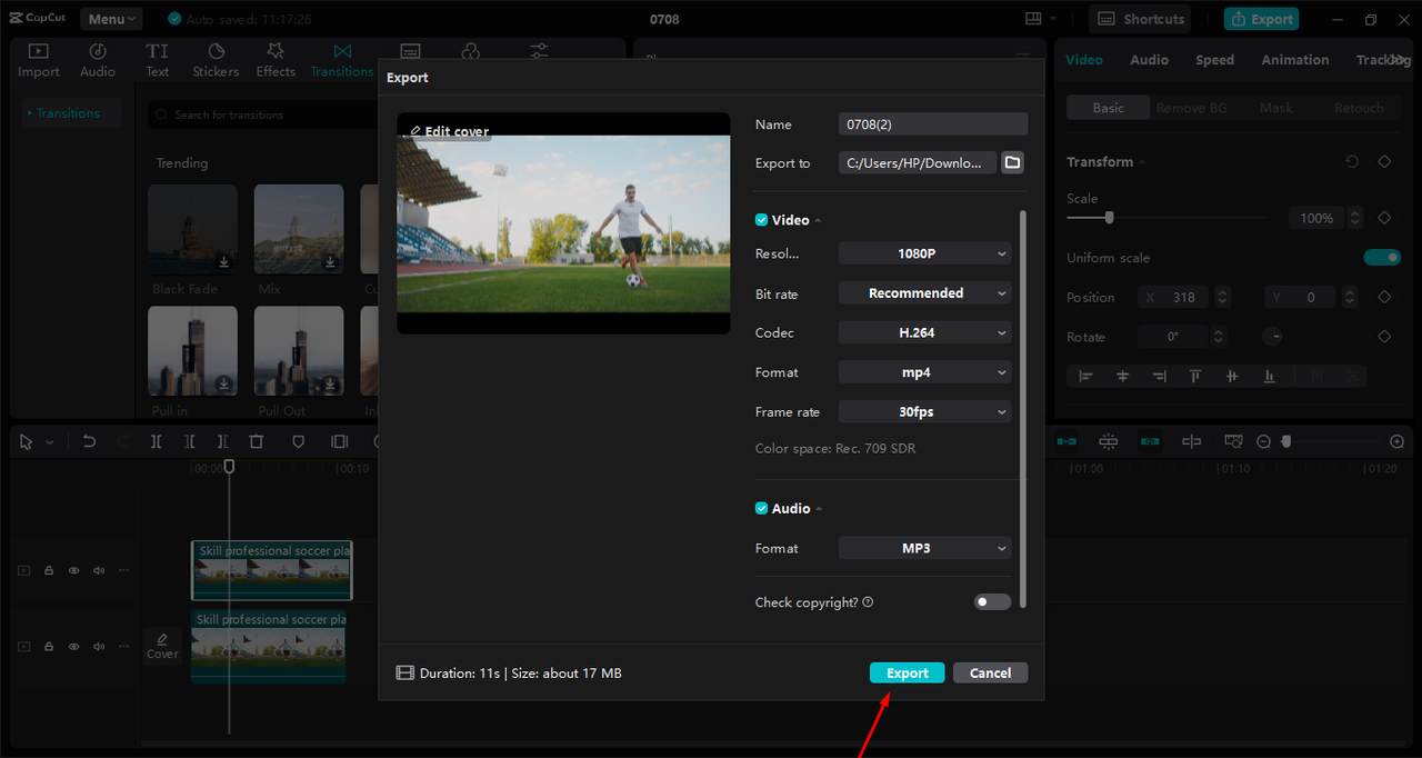 Exporting the video after removing the objects in the CapCut desktop video editor