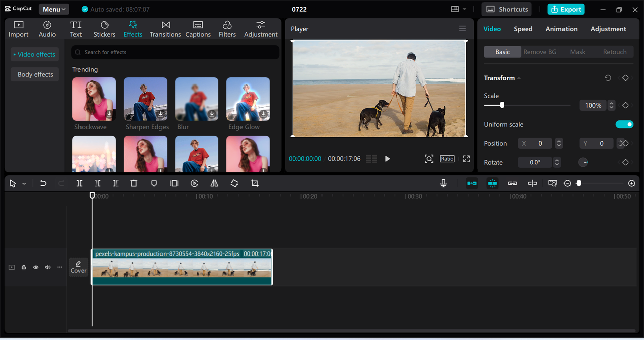 Editing interface of the CapCut desktop video editor - a versatile tool to remove objects from videos