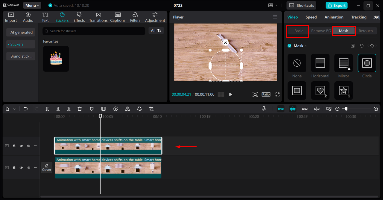 Using the masking tool to erase objects from video in the CapCut desktop video editor