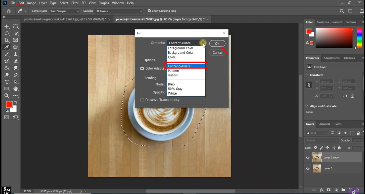 Interface showing how to remove unwanted objects in Photoshop using content-aware fill