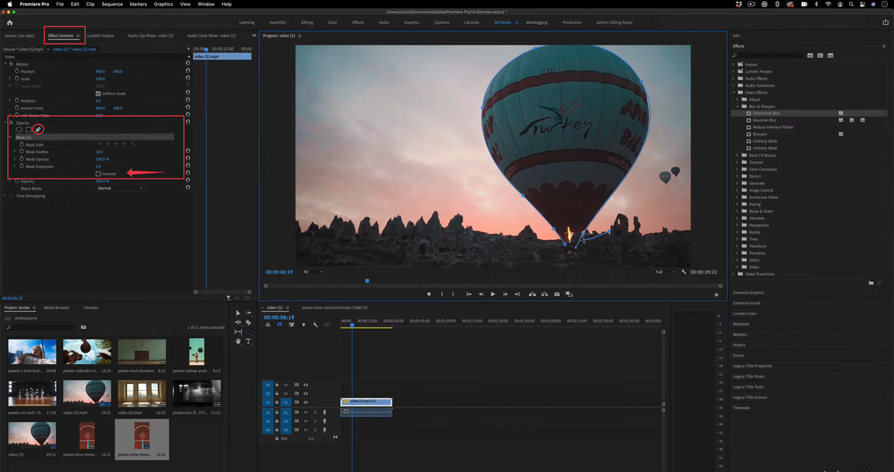 Using an ultra key and mask tool to remove the background from the video in Premiere Pro