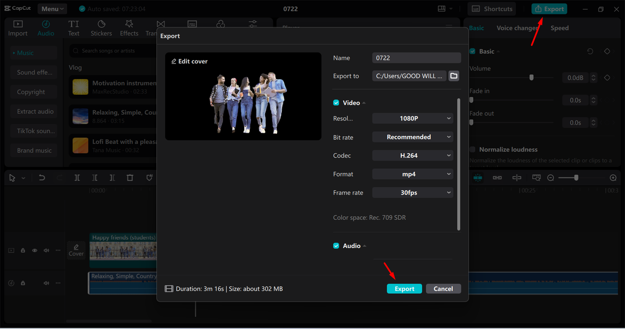 Exporting the video from the CapCut desktop video editor