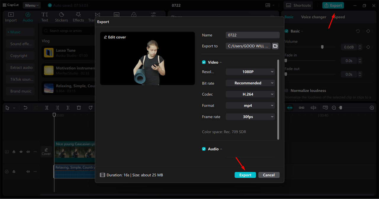 Exporting the edited video from the CapCut desktop video editor