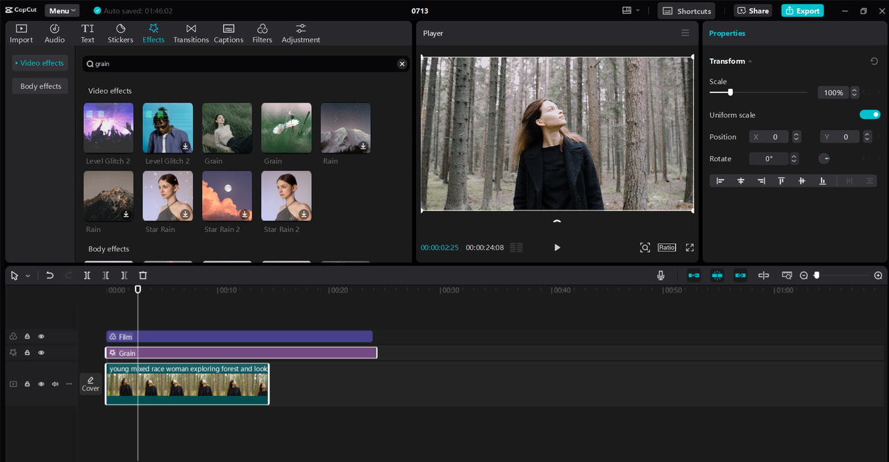 CapCut desktop video editor provides a range of old film overlay effects