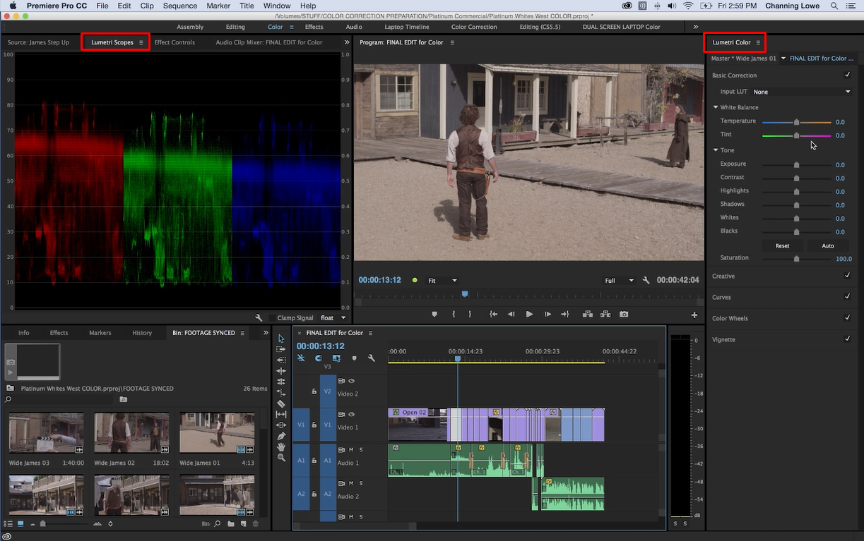 Interface showing video color correction in Premiere Pro by using Lumetri Color panel