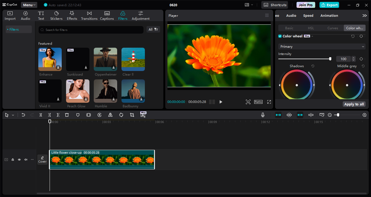 Interface of the CapCut desktop video editor - the best tool for color correction in videos 