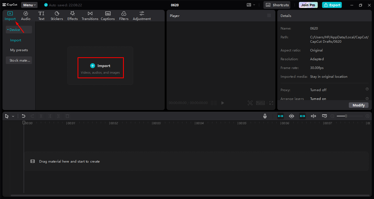 Uploading the video for color correction in the CapCut desktop video editor