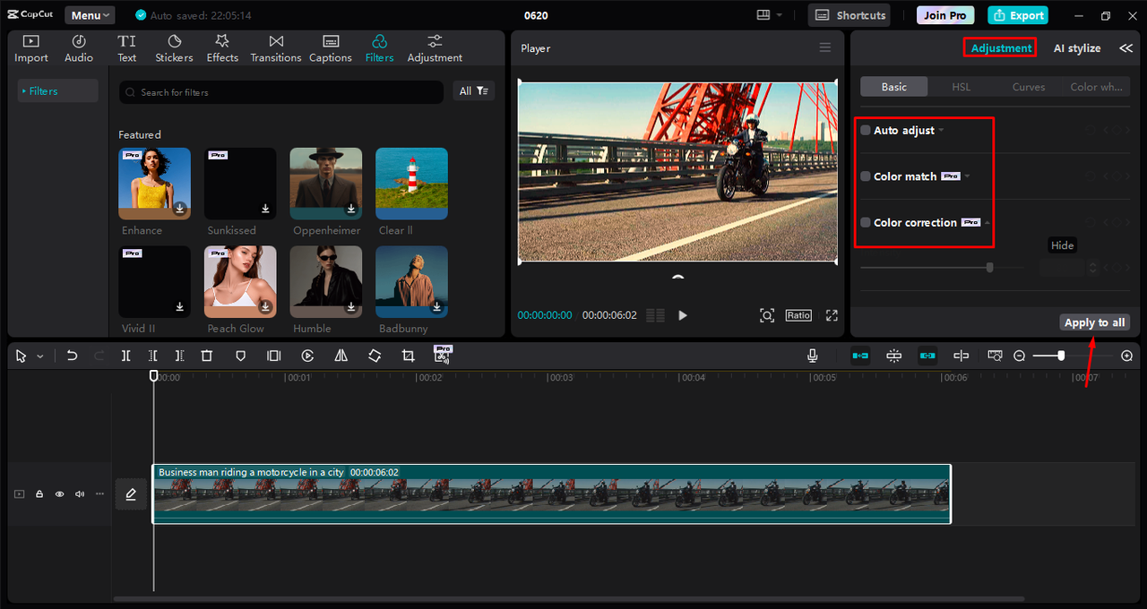 Correcting color in video using the CapCut desktop video editor 