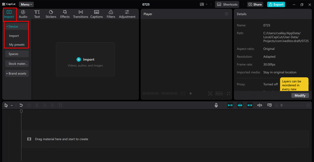 Importing media in the CapCut desktop video editor