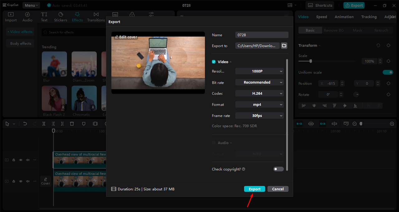 Exporting the video after removing objects in the CapCut desktop video editor