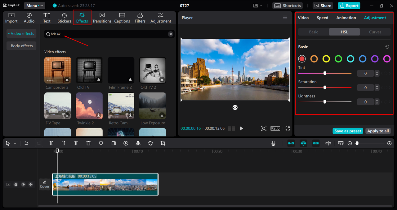 Adjusting the video for HDR effect in CapCut desktop video editor