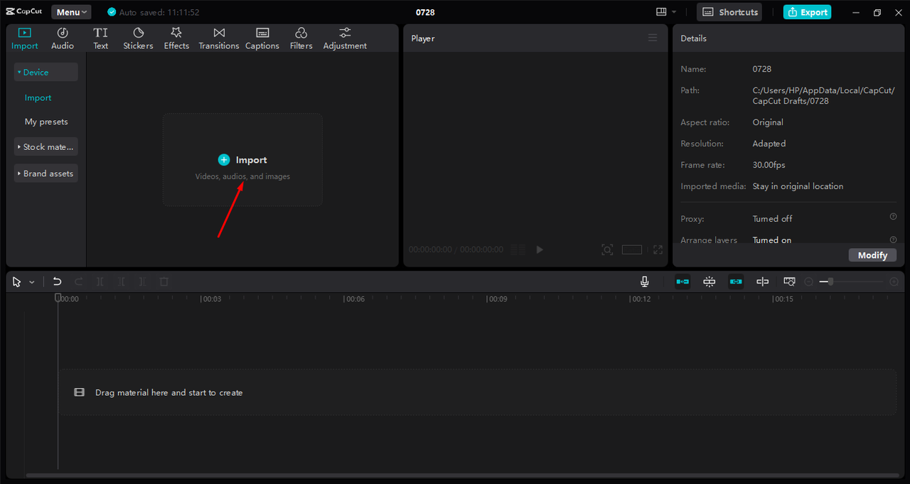 Uploading audio file for compression in the CapCut desktop video editor 