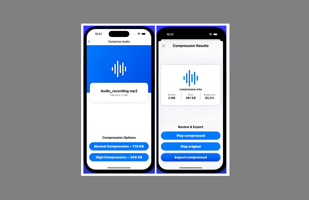 Image showing how to compress audio file size on iPhone using MP3 Shrink