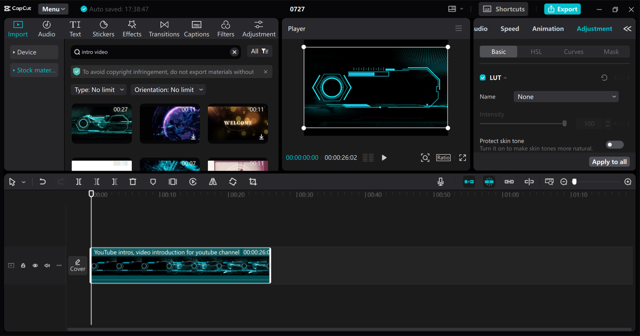 Editing interface of the CapCut desktop video editor - a free video intro maker with no watermark