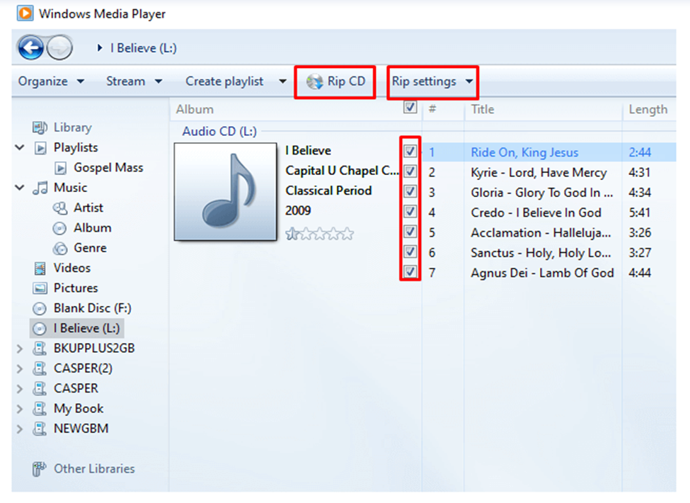 Interface of Windows Media Player showing how to convert a CD audio file to MP3