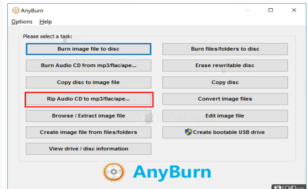 AnyBurn interface featuring how to convert a CD to MP3 format  