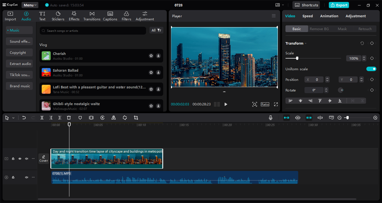 Interface of the CapCut desktop video editor - the best tool to change audio format into MP3 